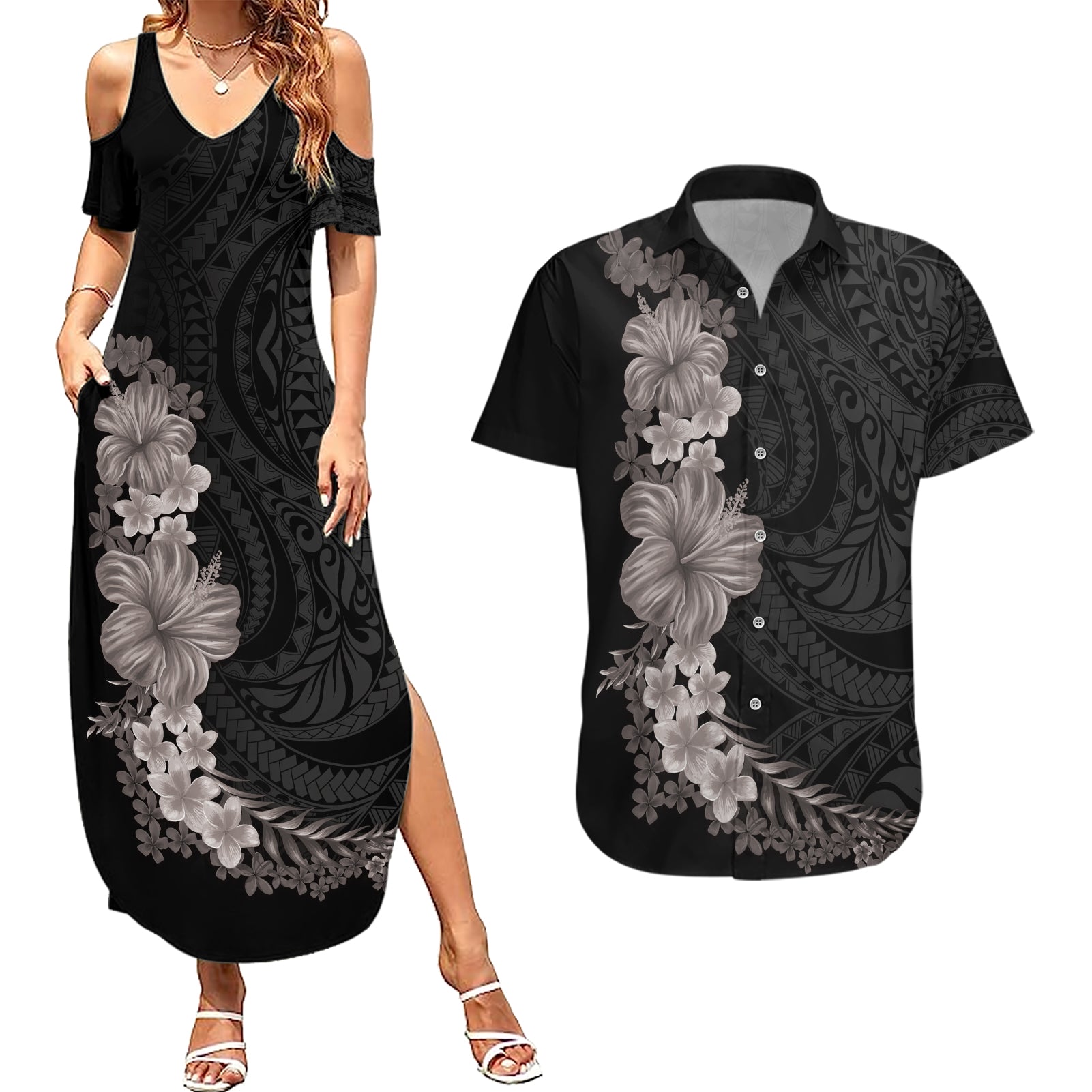 Hawaiian Plumeria and Hibiscus Couples Matching Summer Maxi Dress and Hawaiian Shirt Grayscale Mode