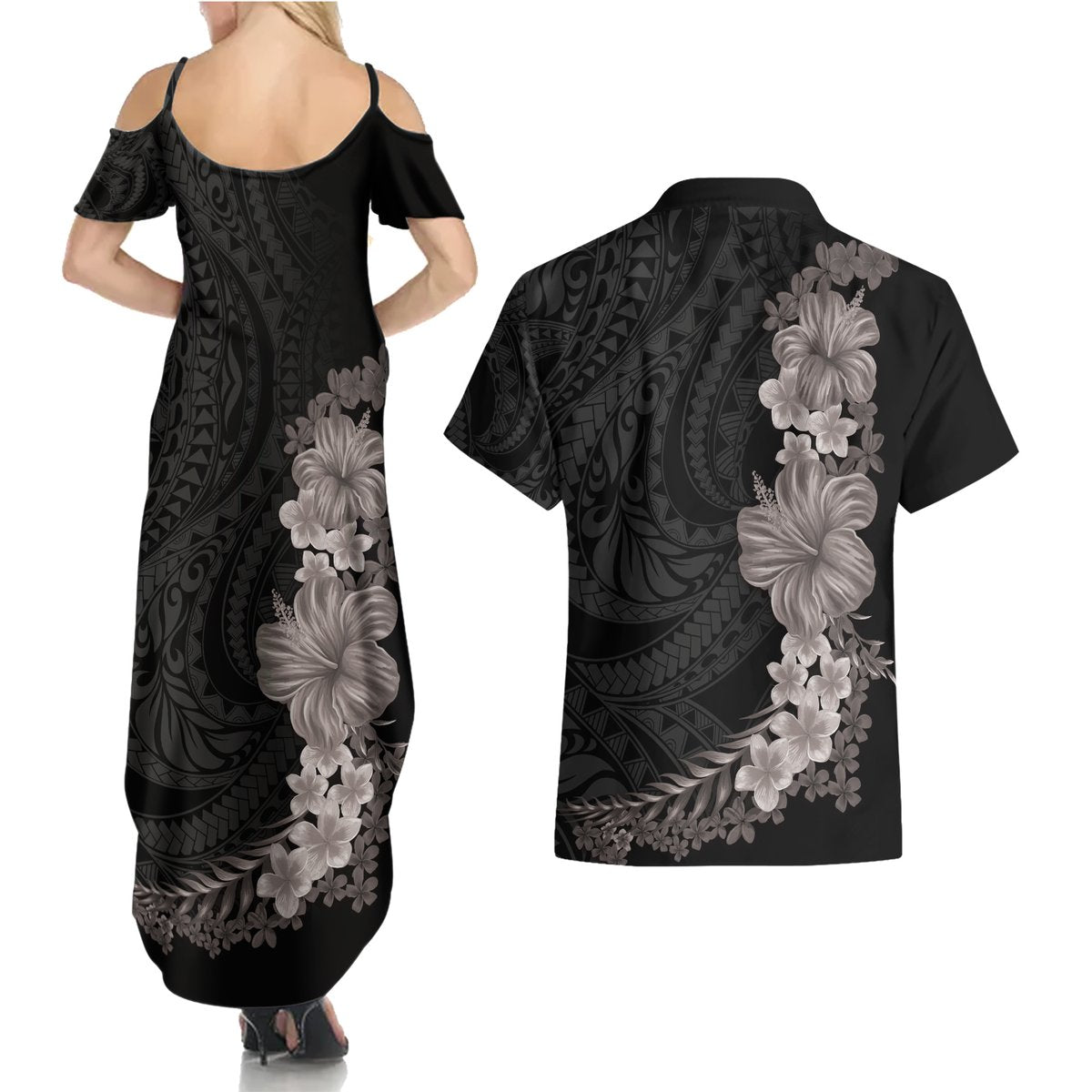 Hawaiian Plumeria and Hibiscus Couples Matching Summer Maxi Dress and Hawaiian Shirt Grayscale Mode LT03 - Polynesian Pride