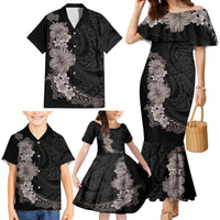 Hawaiian Plumeria and Hibiscus Family Matching Mermaid Dress and Hawaiian Shirt Grayscale Mode LT03 - Polynesian Pride