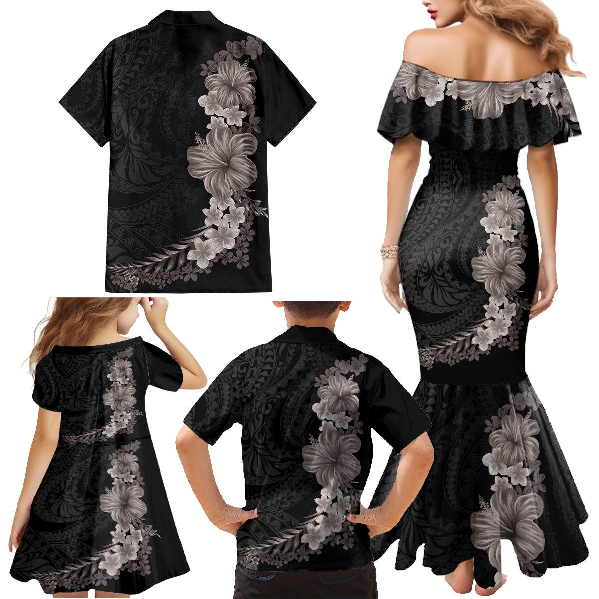 Hawaiian Plumeria and Hibiscus Family Matching Mermaid Dress and Hawaiian Shirt Grayscale Mode LT03 - Polynesian Pride
