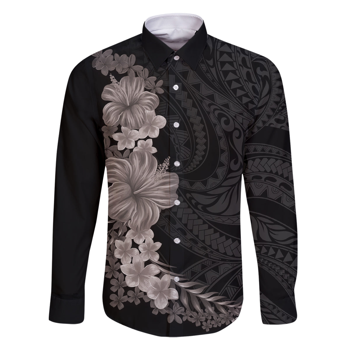 Hawaiian Plumeria and Hibiscus Family Matching Off Shoulder Maxi Dress and Hawaiian Shirt Grayscale Mode LT03 Dad's Shirt - Long Sleeve Black - Polynesian Pride