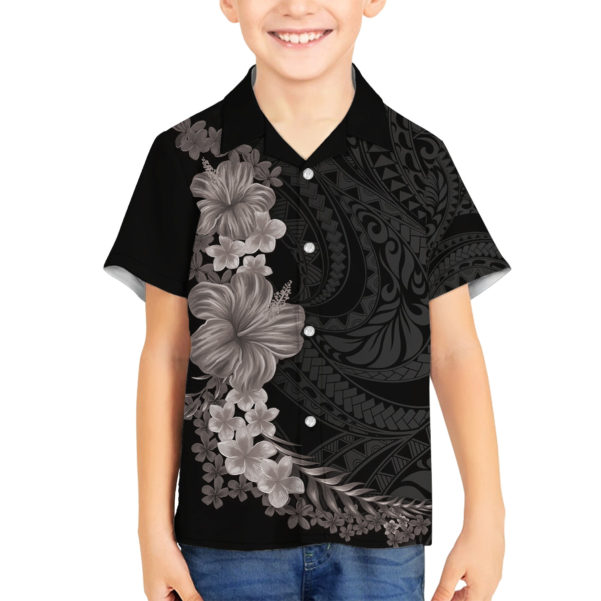 Hawaiian Plumeria and Hibiscus Family Matching Off Shoulder Maxi Dress and Hawaiian Shirt Grayscale Mode LT03 Son's Shirt Black - Polynesian Pride