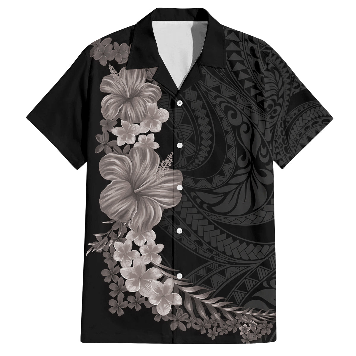 Hawaiian Plumeria and Hibiscus Family Matching Off Shoulder Short Dress and Hawaiian Shirt Grayscale Mode