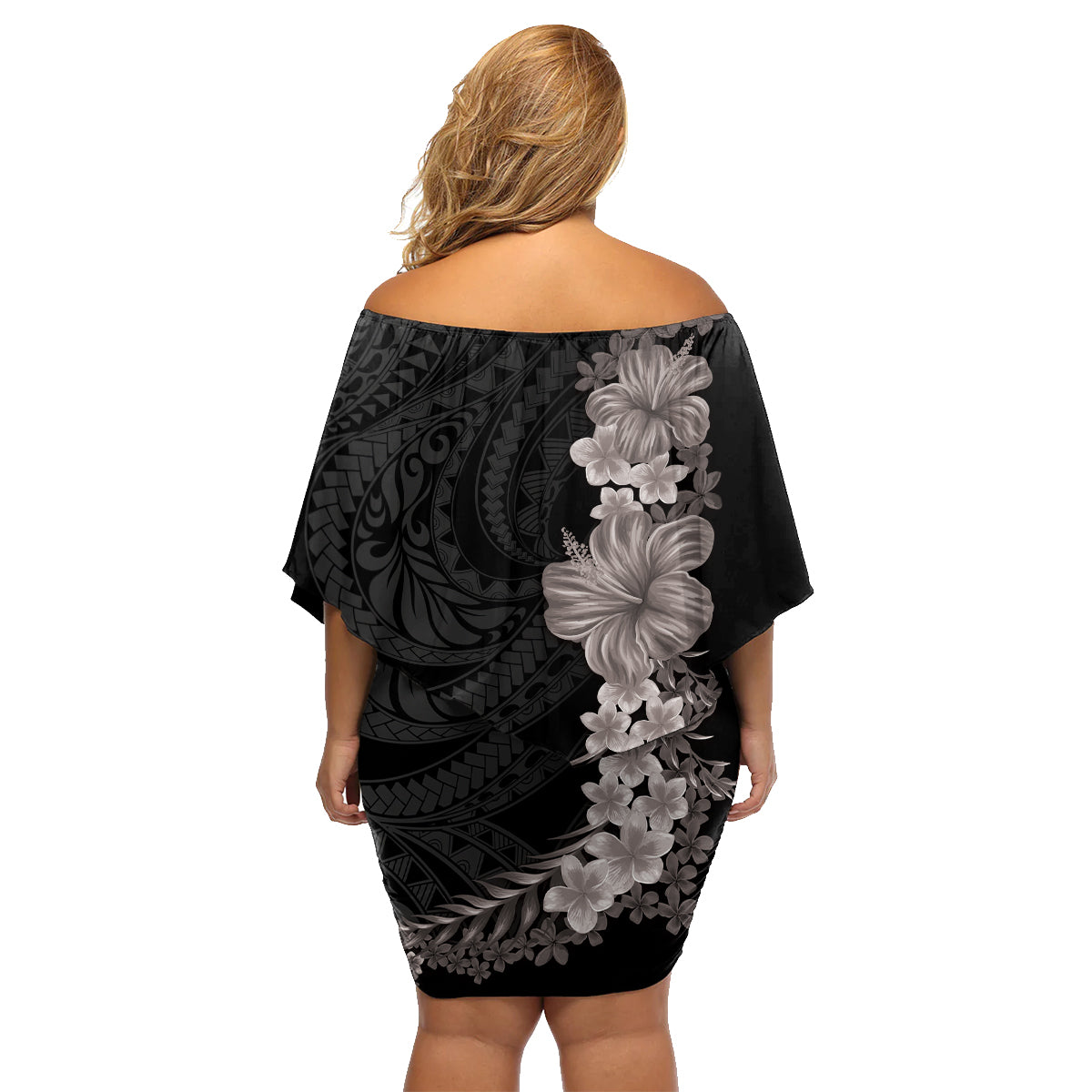 Hawaiian Plumeria and Hibiscus Family Matching Off Shoulder Short Dress and Hawaiian Shirt Grayscale Mode