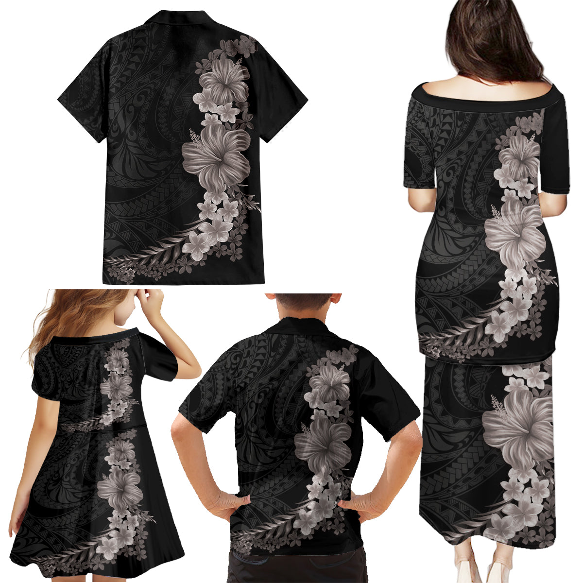 Hawaiian Plumeria and Hibiscus Family Matching Puletasi and Hawaiian Shirt Grayscale Mode LT03 - Polynesian Pride
