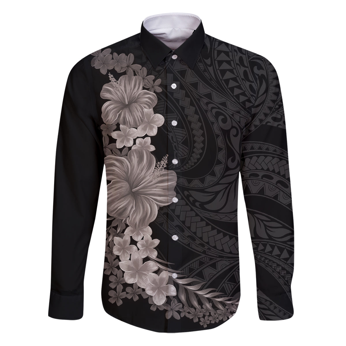 Hawaiian Plumeria and Hibiscus Family Matching Puletasi and Hawaiian Shirt Grayscale Mode LT03 Dad's Shirt - Long Sleeve Black - Polynesian Pride