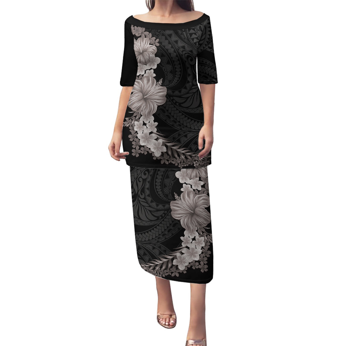 Hawaiian Plumeria and Hibiscus Family Matching Puletasi and Hawaiian Shirt Grayscale Mode LT03 Mom's Dress Black - Polynesian Pride