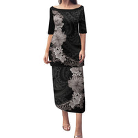 Hawaiian Plumeria and Hibiscus Family Matching Puletasi and Hawaiian Shirt Grayscale Mode LT03 Mom's Dress Black - Polynesian Pride