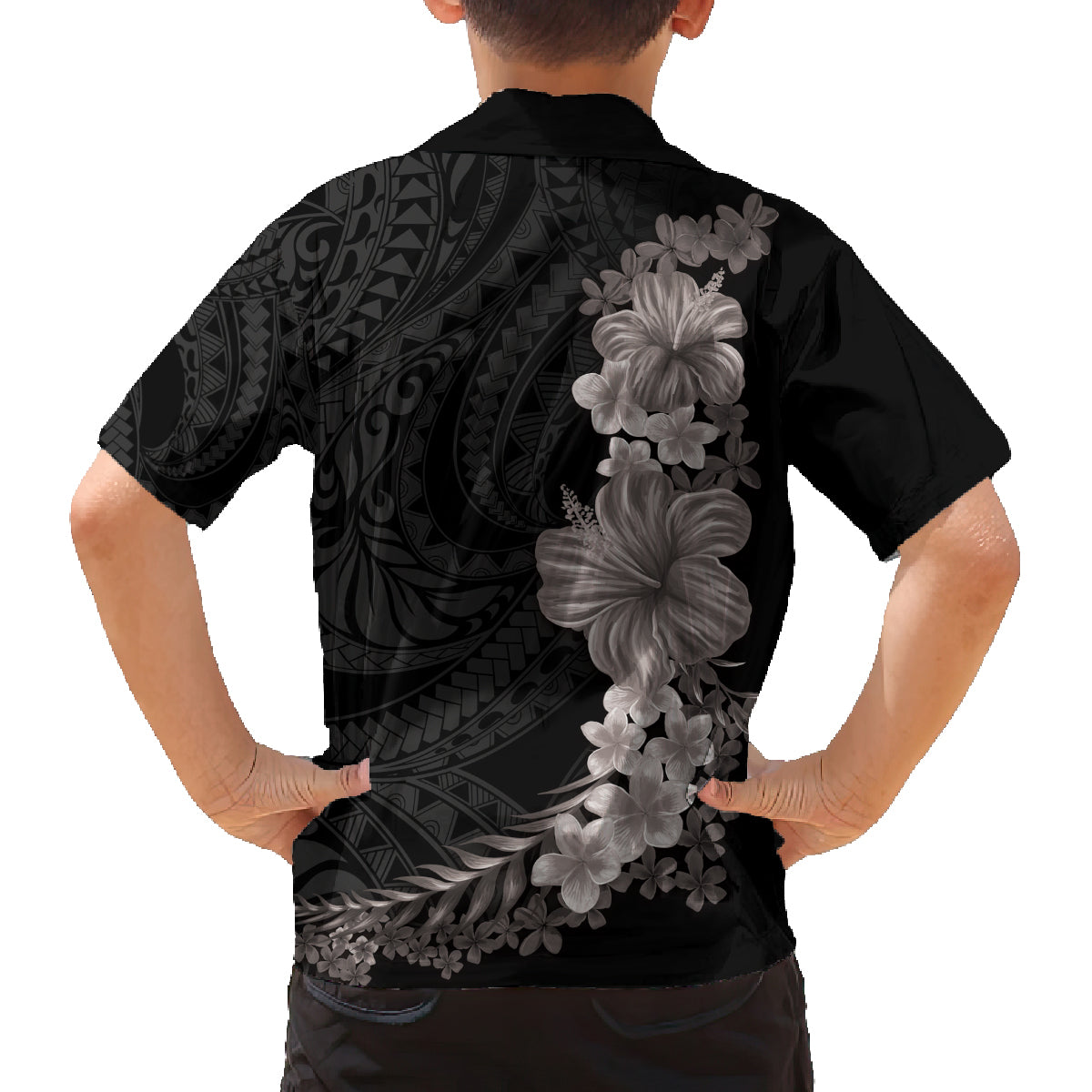 Hawaiian Plumeria and Hibiscus Family Matching Summer Maxi Dress and Hawaiian Shirt Grayscale Mode LT03 - Polynesian Pride