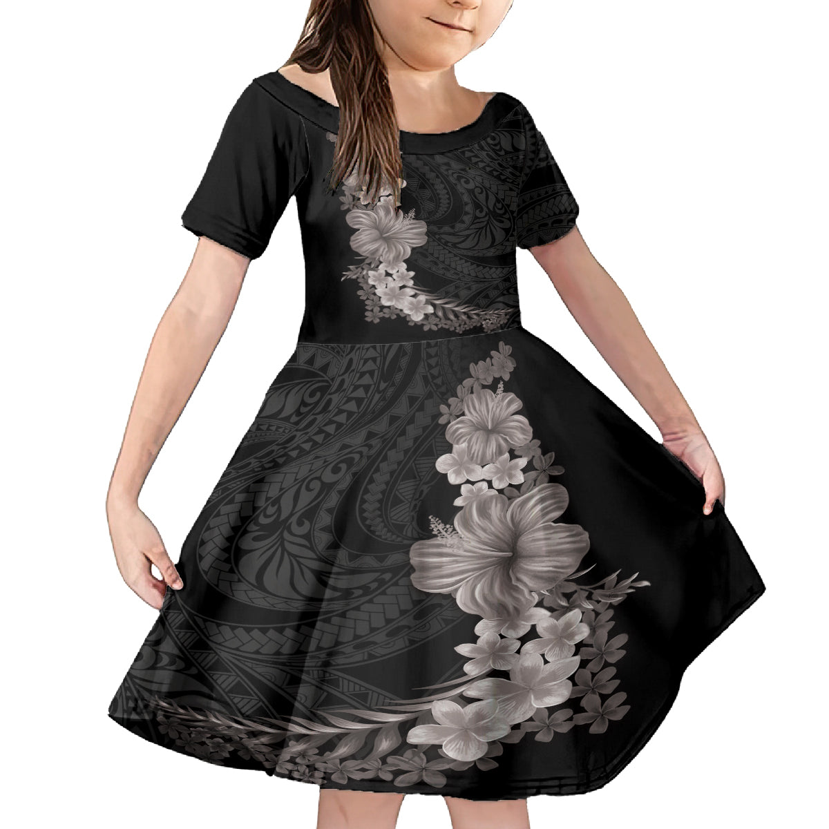 Hawaiian Plumeria and Hibiscus Family Matching Summer Maxi Dress and Hawaiian Shirt Grayscale Mode LT03 Daughter's Dress Black - Polynesian Pride