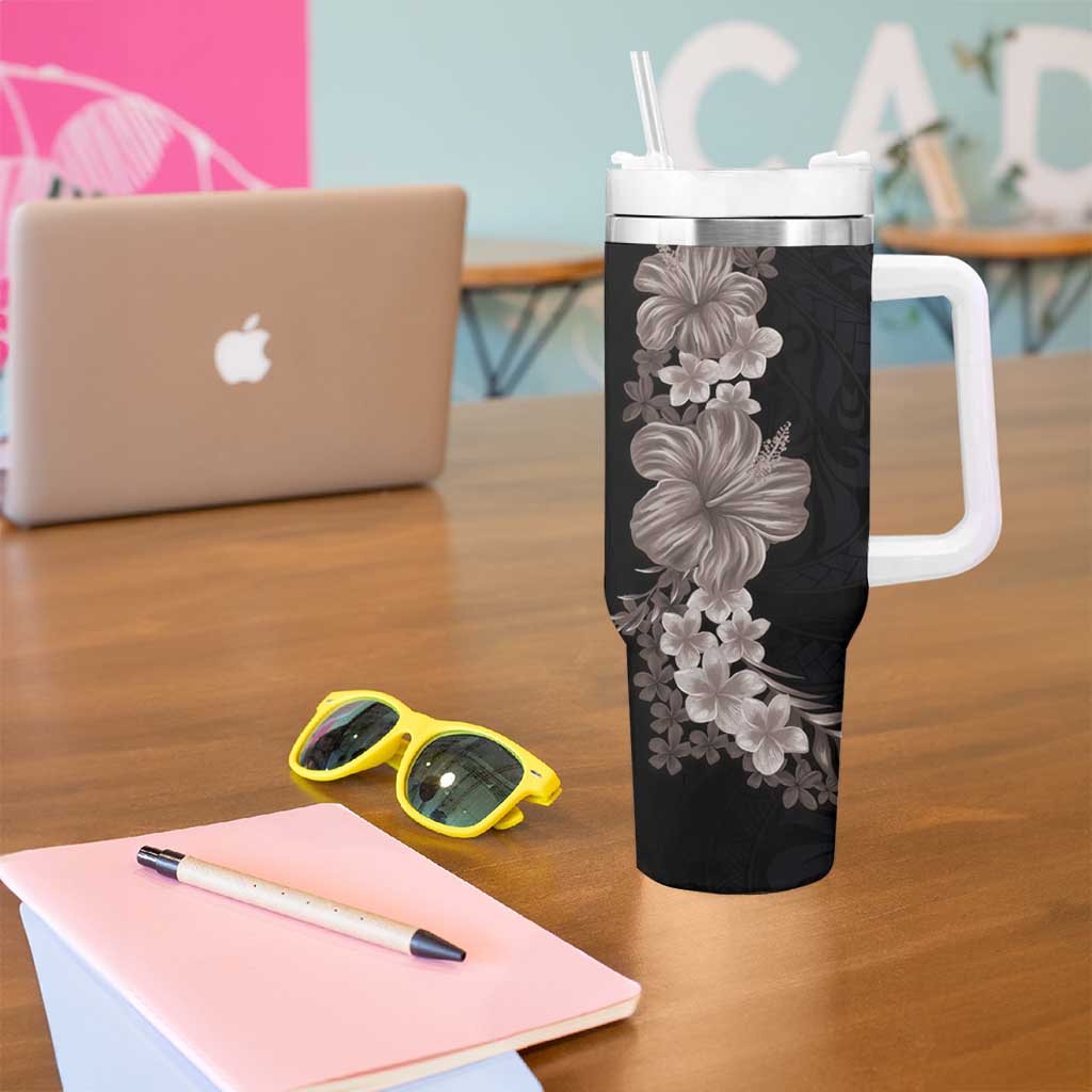 Hawaiian Plumeria and Hibiscus Tumbler With Handle Grayscale Mode LT03 - Polynesian Pride