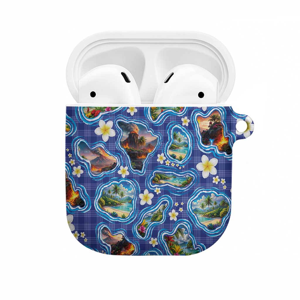 Hawaiian Island Shapes-Iconic Landscape AirPods Case with Plumeria and Palaka Blue Color LT03 Blue - Polynesian Pride
