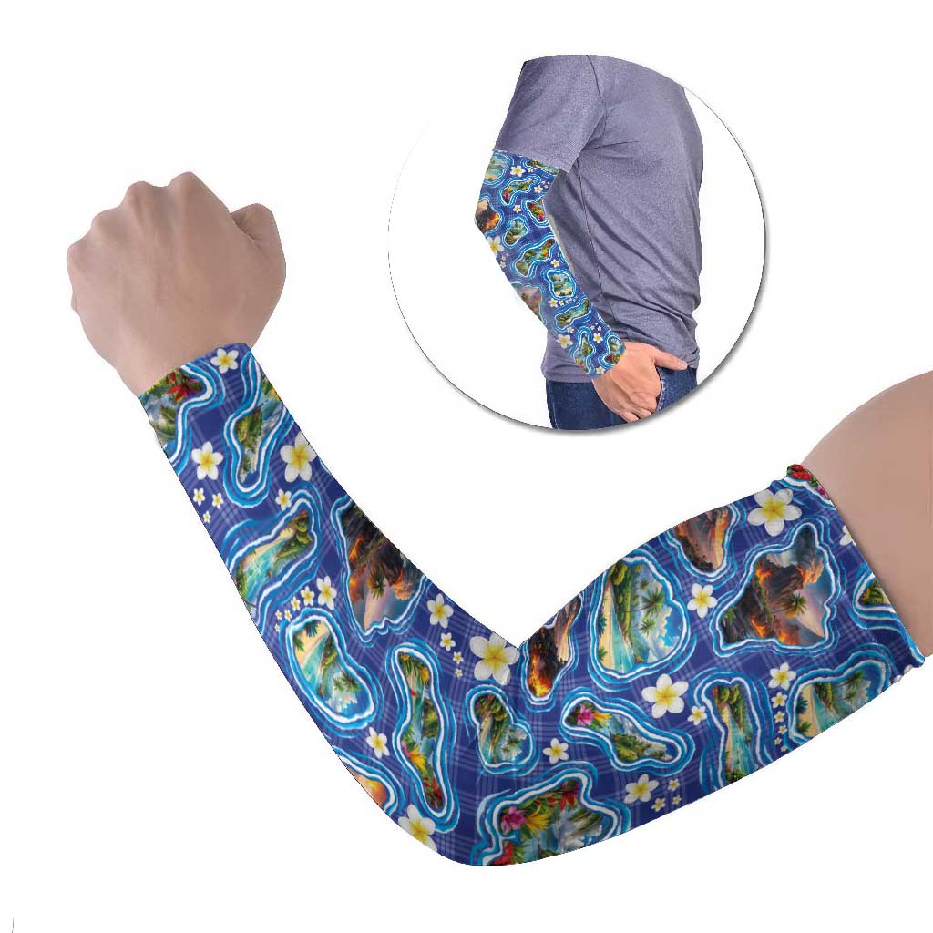 Hawaiian Island Shapes-Iconic Landscape Arm Sleeves with Plumeria and Palaka Blue Color