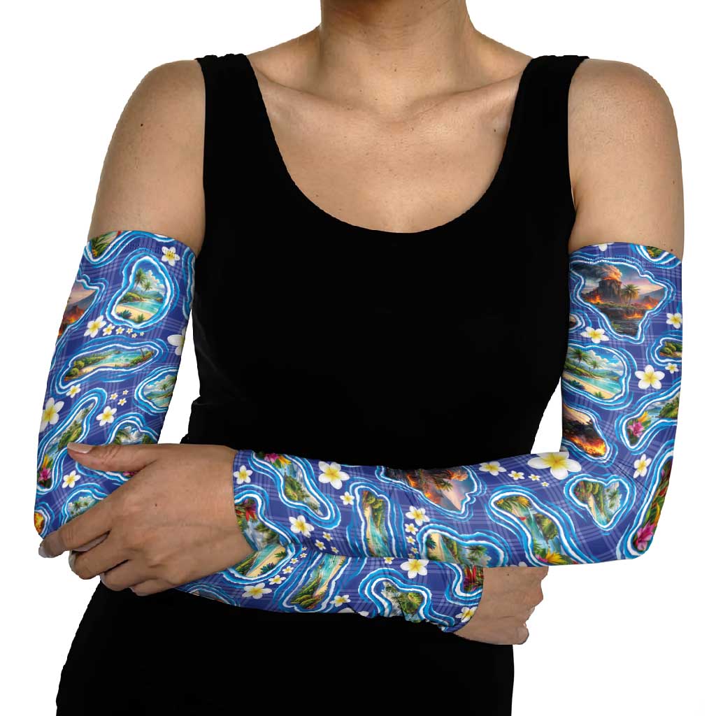 Hawaiian Island Shapes-Iconic Landscape Arm Sleeves with Plumeria and Palaka Blue Color LT03 - Polynesian Pride