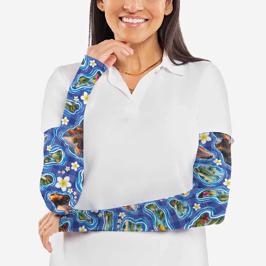 Hawaiian Island Shapes-Iconic Landscape Arm Sleeves with Plumeria and Palaka Blue Color LT03 - Polynesian Pride