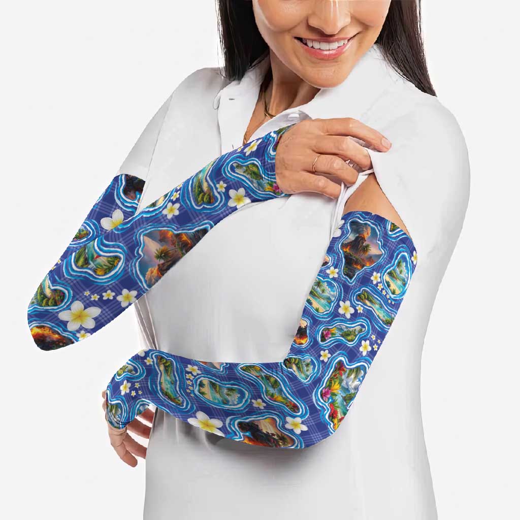 Hawaiian Island Shapes-Iconic Landscape Arm Sleeves with Plumeria and Palaka Blue Color LT03 - Polynesian Pride