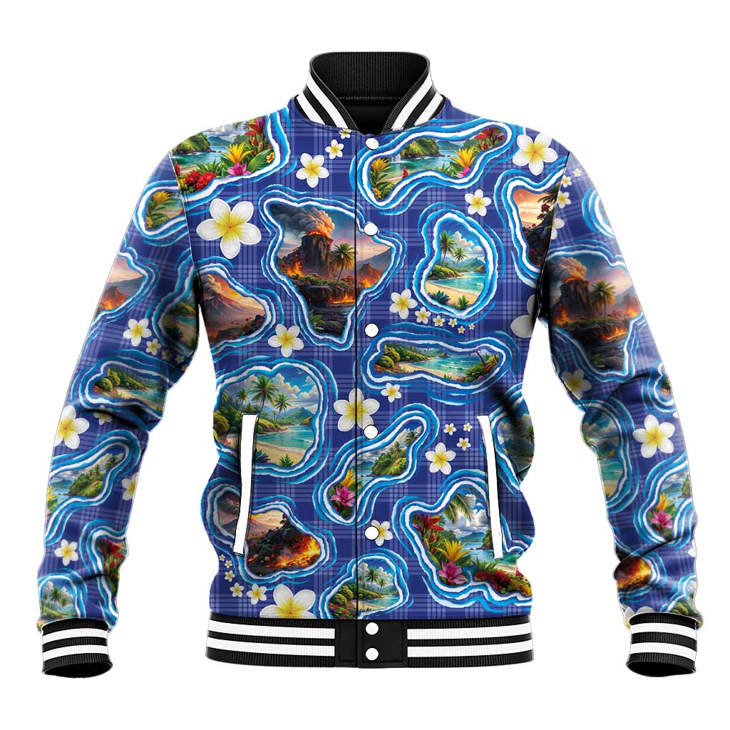 Hawaiian Island Shapes-Iconic Landscape Baseball Jacket with Plumeria and Palaka Blue Color