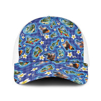 Hawaiian Island Shapes-Iconic Landscape Baseball Net Cap with Plumeria and Palaka Blue Color