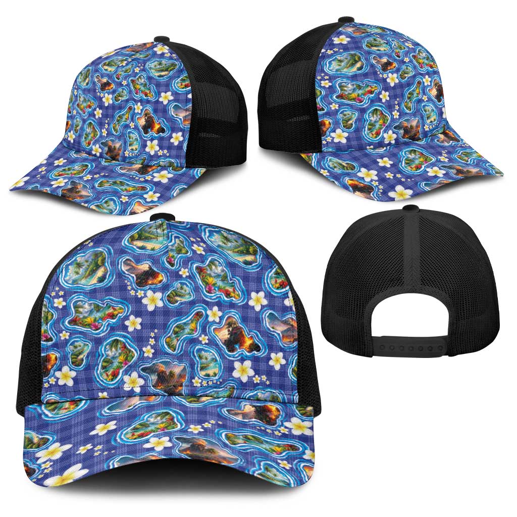 Hawaiian Island Shapes-Iconic Landscape Baseball Net Cap with Plumeria and Palaka Blue Color
