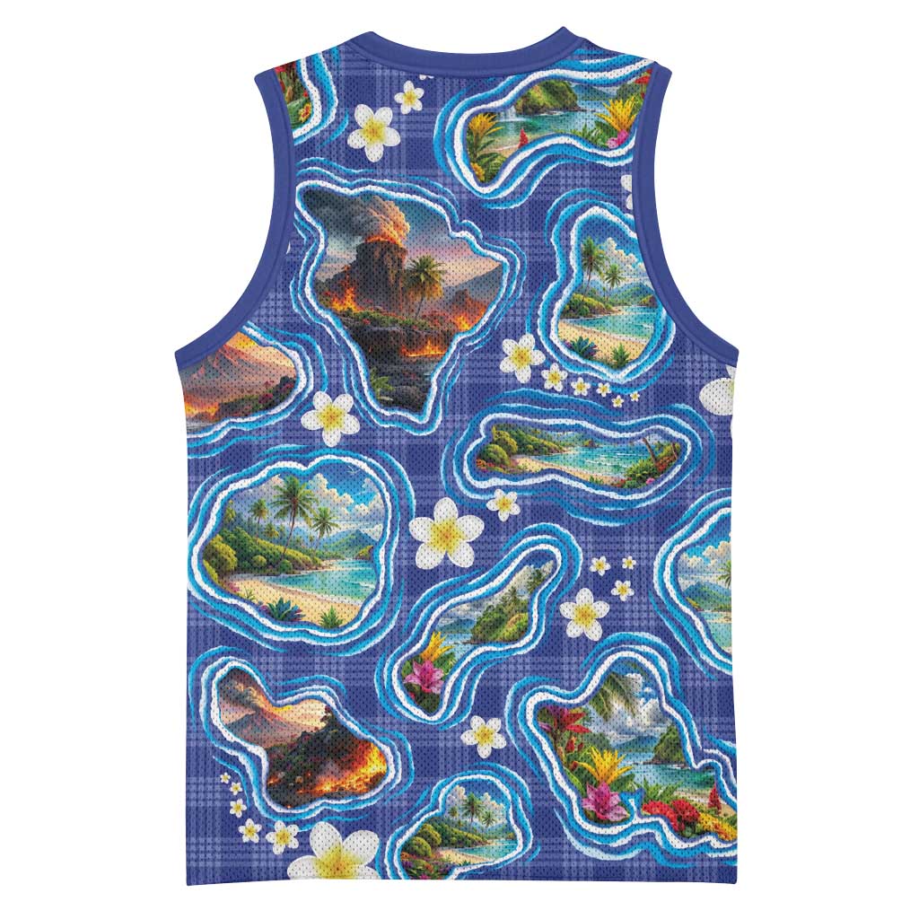 Hawaiian Island Shapes-Iconic Landscape Basketball Jersey with Plumeria and Palaka Blue Color LT03 - Polynesian Pride