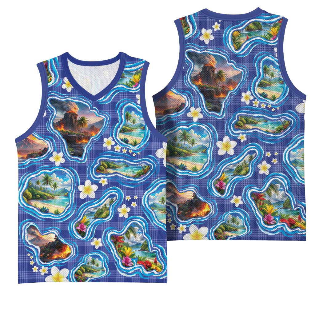 Hawaiian Island Shapes-Iconic Landscape Basketball Jersey with Plumeria and Palaka Blue Color LT03 - Polynesian Pride