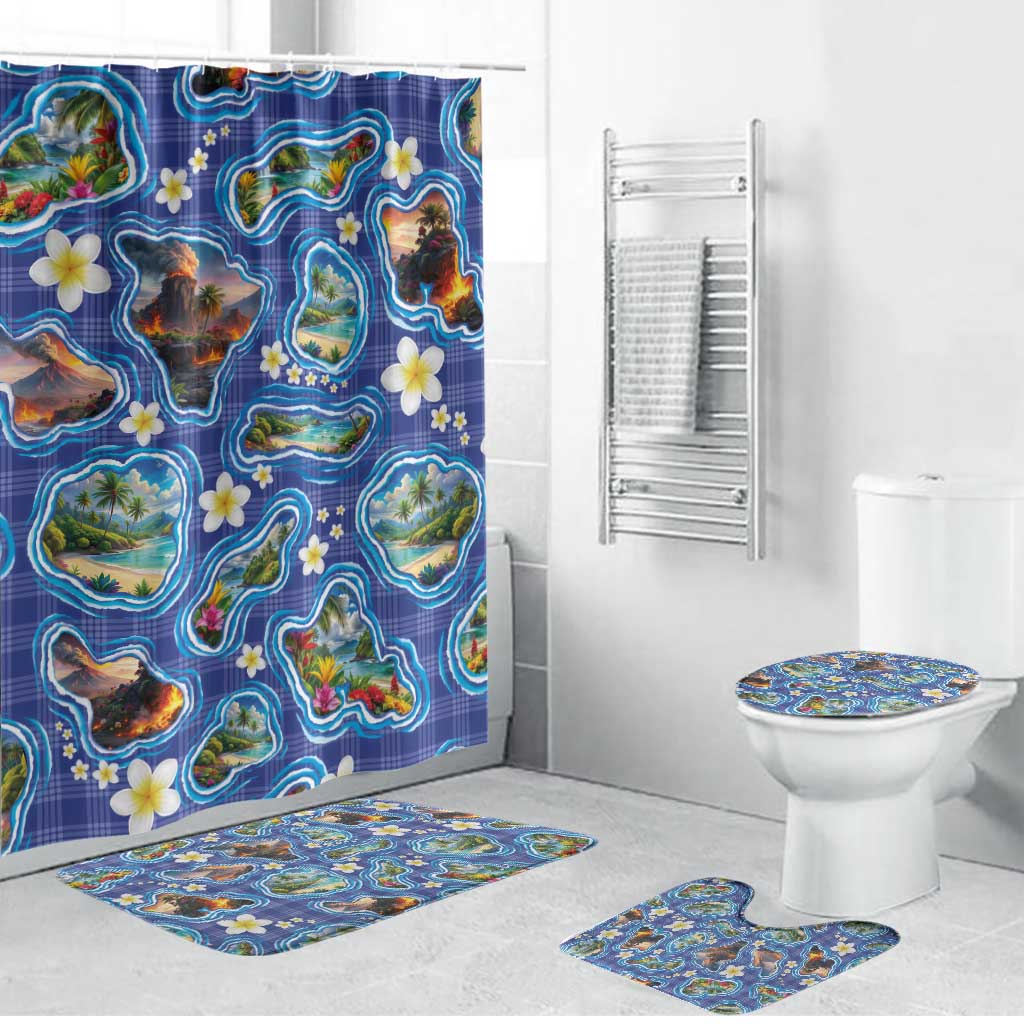 Hawaiian Island Shapes-Iconic Landscape Bathroom Set with Plumeria and Palaka Blue Color
