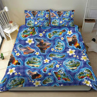 Hawaiian Island Shapes-Iconic Landscape Bedding Set with Plumeria and Palaka Blue Color