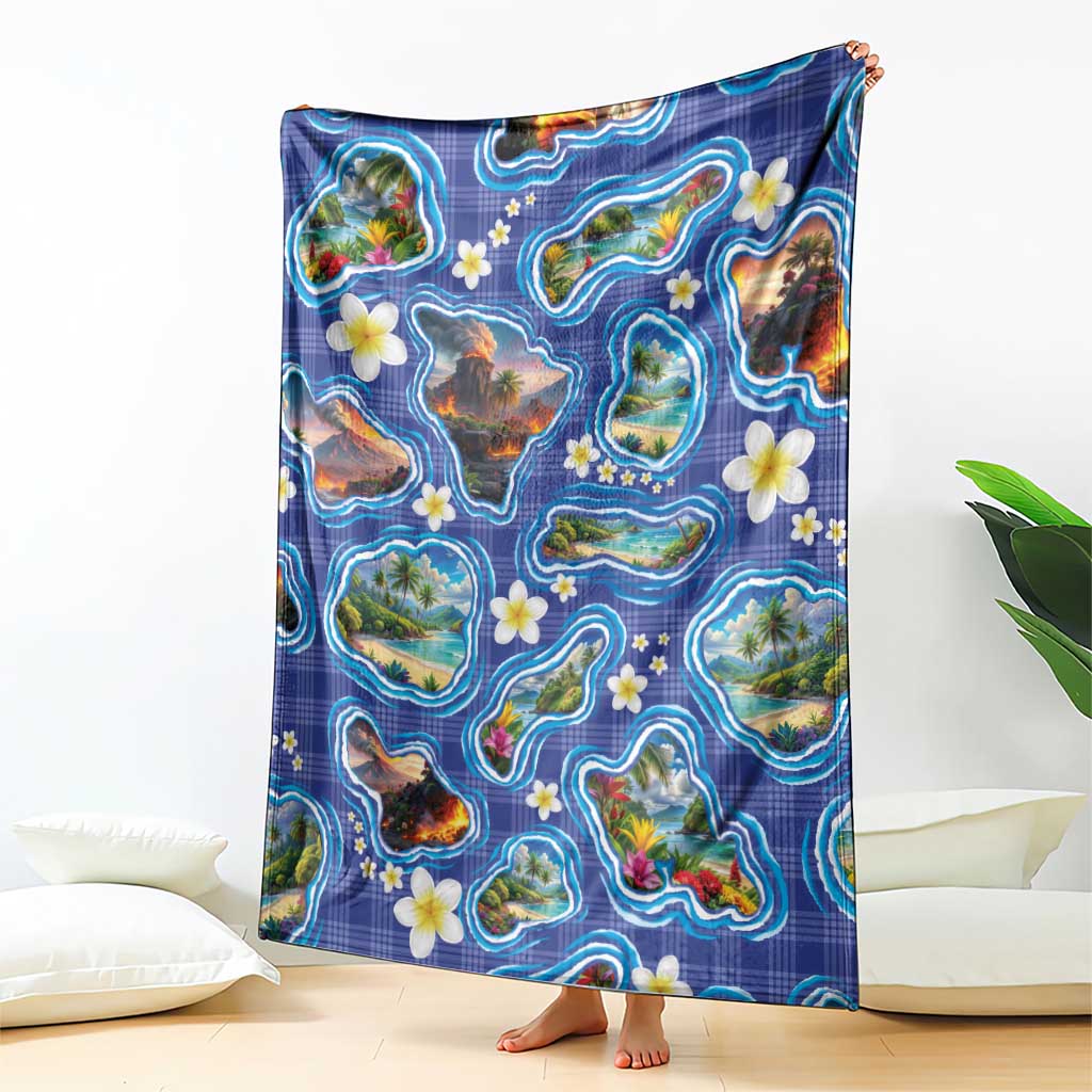Hawaiian Island Shapes-Iconic Landscape Blanket with Plumeria and Palaka Blue Color
