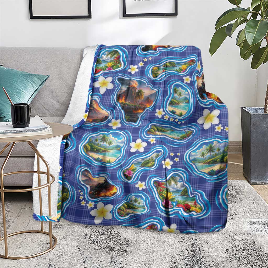 Hawaiian Island Shapes-Iconic Landscape Blanket with Plumeria and Palaka Blue Color