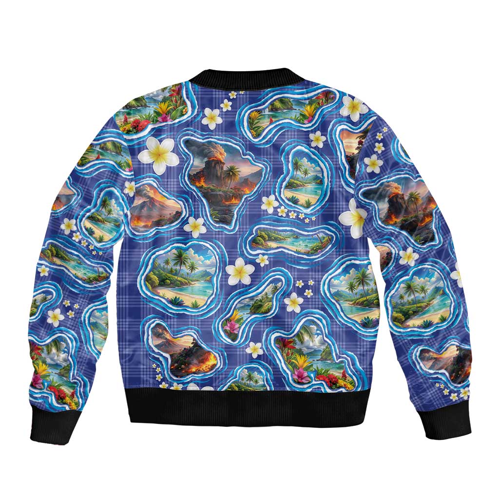 Hawaiian Island Shapes-Iconic Landscape Bomber Jacket with Plumeria and Palaka Blue Color