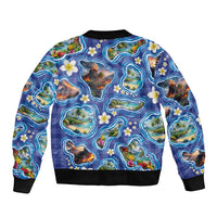Hawaiian Island Shapes-Iconic Landscape Bomber Jacket with Plumeria and Palaka Blue Color