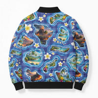 Hawaiian Island Shapes-Iconic Landscape Bomber Puffer Jacket with Plumeria and Palaka Blue Color