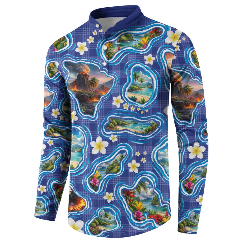 Hawaiian Island Shapes-Iconic Landscape Button Sweatshirt with Plumeria and Palaka Blue Color