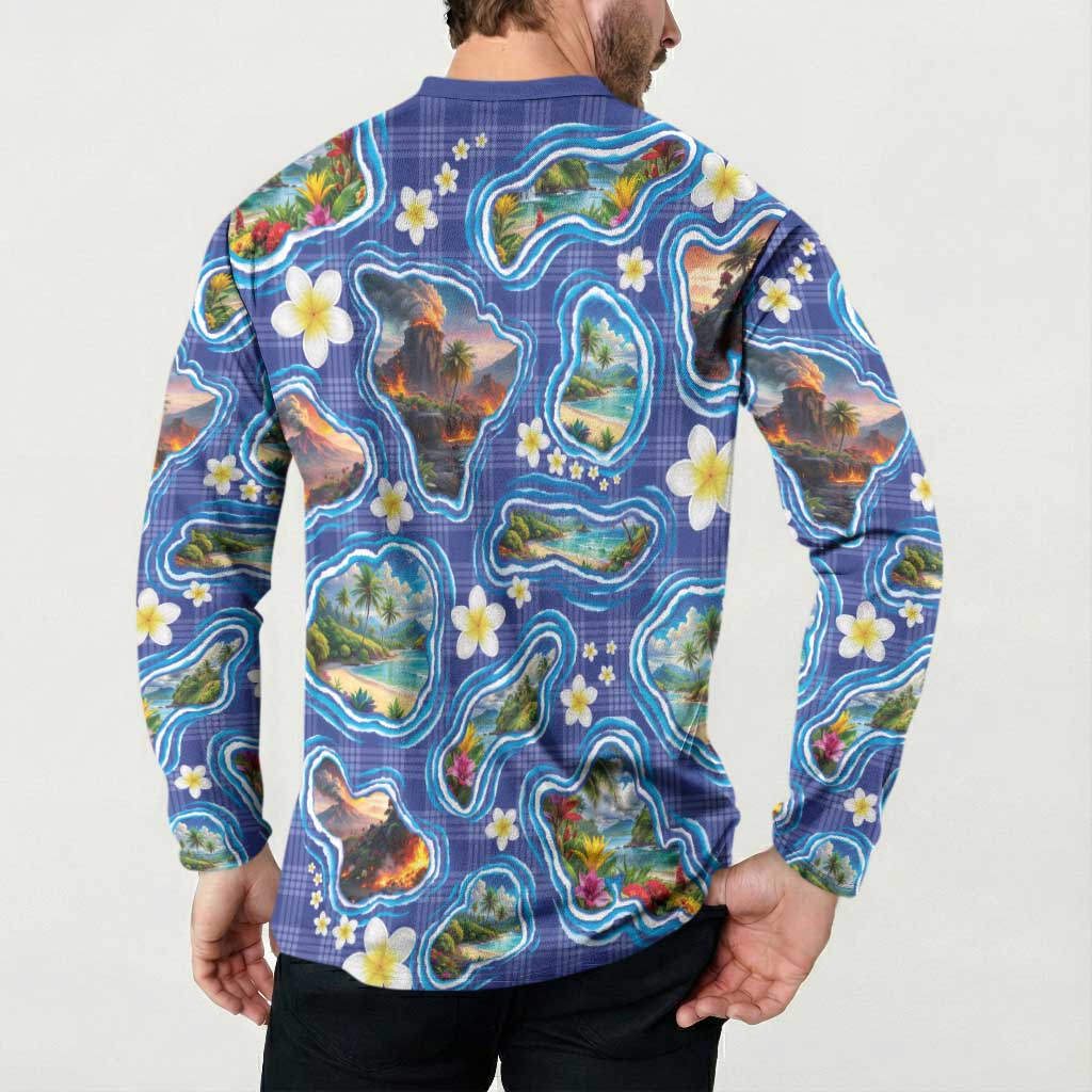 Hawaiian Island Shapes-Iconic Landscape Button Sweatshirt with Plumeria and Palaka Blue Color