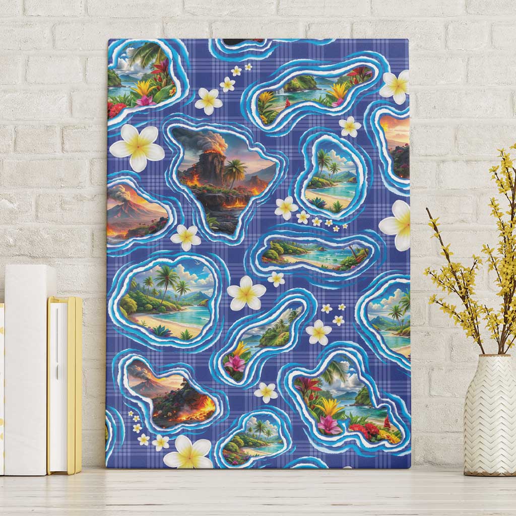 Hawaiian Island Shapes-Iconic Landscape Canvas Wall Art with Plumeria and Palaka Blue Color LT03 Without Frame Blue - Polynesian Pride