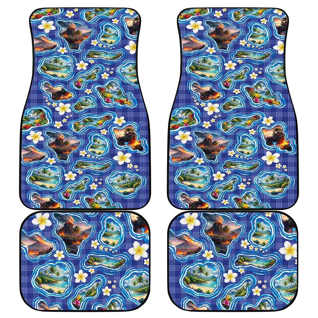 Hawaiian Island Shapes-Iconic Landscape Car Mats with Plumeria and Palaka Blue Color LT03 - Polynesian Pride