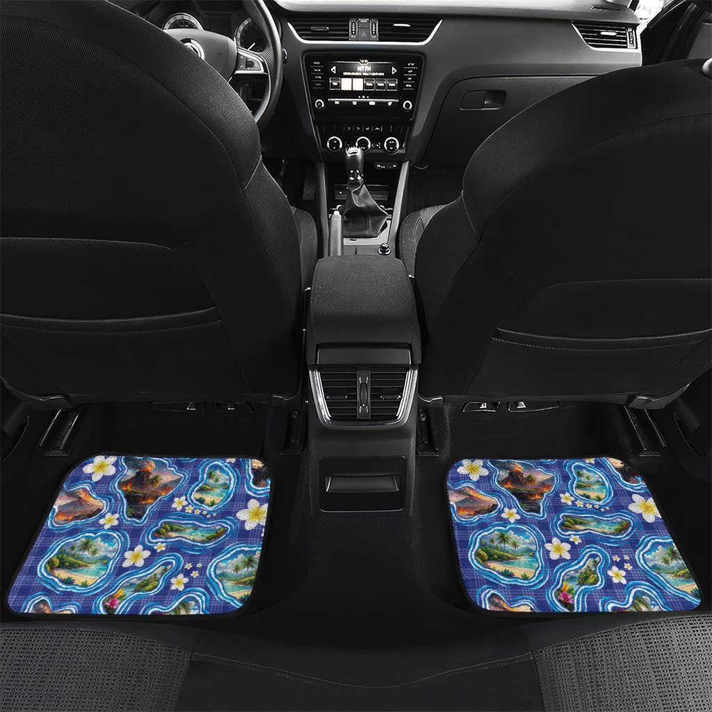 Hawaiian Island Shapes-Iconic Landscape Car Mats with Plumeria and Palaka Blue Color LT03 Set 2pcs - Back Blue - Polynesian Pride