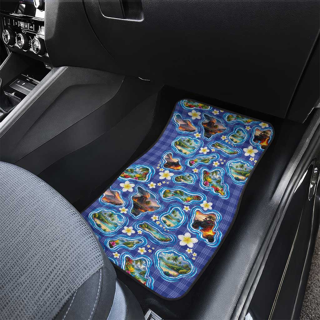 Hawaiian Island Shapes-Iconic Landscape Car Mats with Plumeria and Palaka Blue Color LT03 - Polynesian Pride