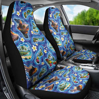 Hawaiian Island Shapes-Iconic Landscape Car Seat Cover with Plumeria and Palaka Blue Color LT03 - Polynesian Pride