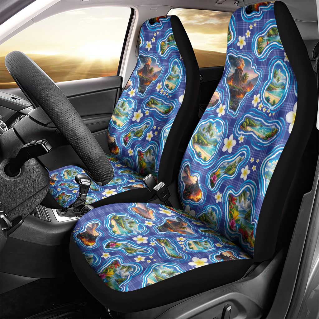 Hawaiian Island Shapes-Iconic Landscape Car Seat Cover with Plumeria and Palaka Blue Color LT03 - Polynesian Pride
