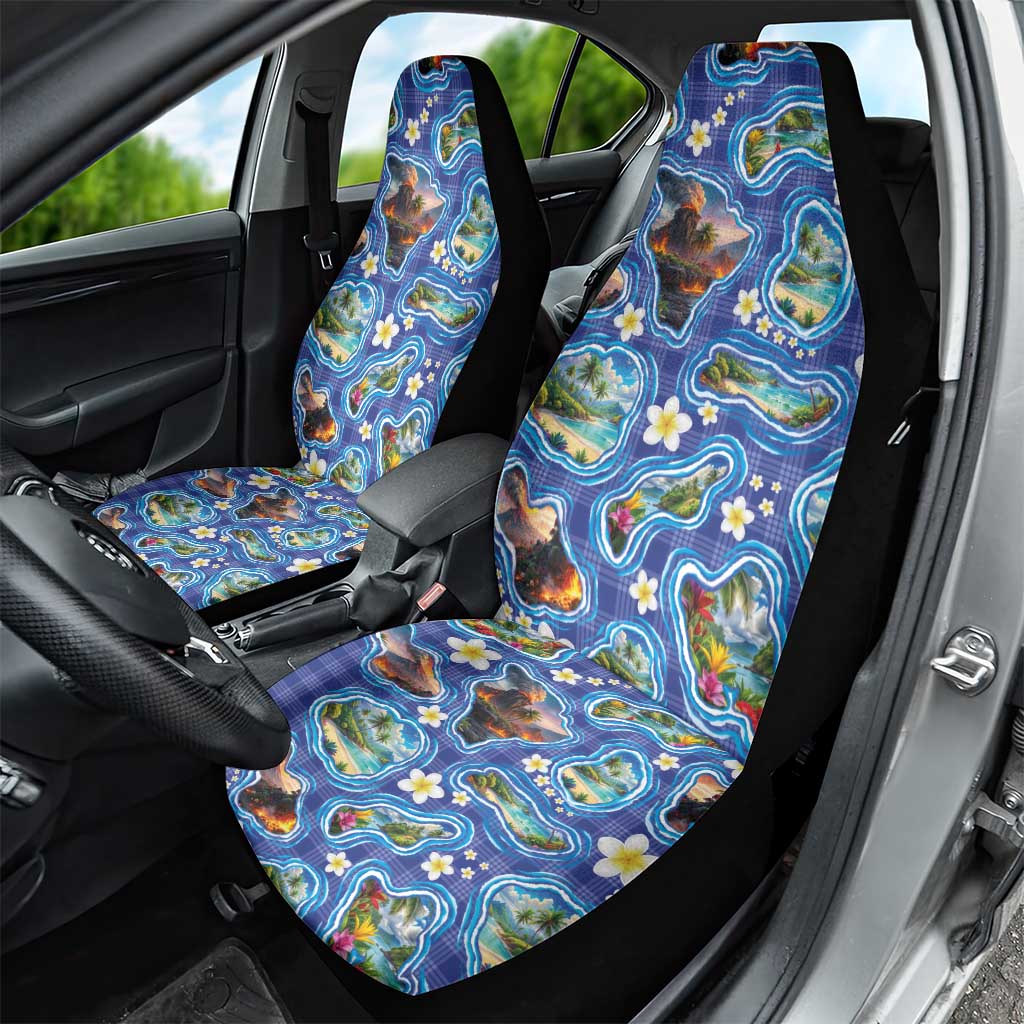Hawaiian Island Shapes-Iconic Landscape Car Seat Cover with Plumeria and Palaka Blue Color LT03 - Polynesian Pride