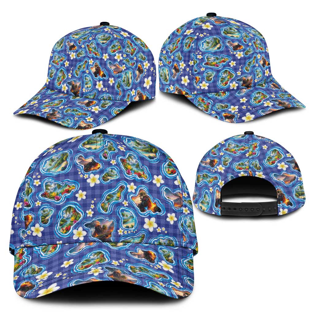 Hawaiian Island Shapes-Iconic Landscape Classic Cap with Plumeria and Palaka Blue Color