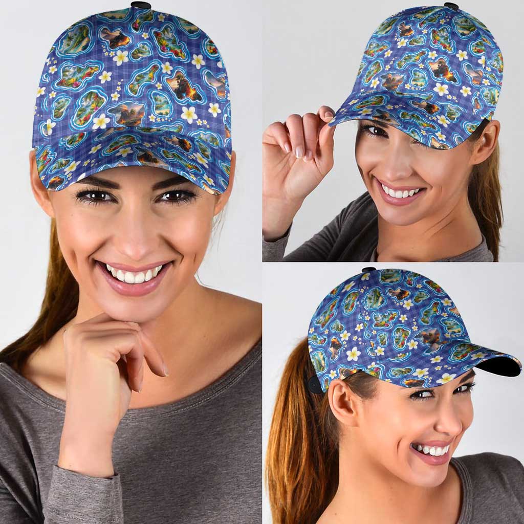 Hawaiian Island Shapes-Iconic Landscape Classic Cap with Plumeria and Palaka Blue Color