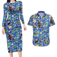Hawaiian Island Shapes-Iconic Landscape Couples Matching Long Sleeve Bodycon Dress and Hawaiian Shirt with Plumeria and Palaka Blue Color LT03 Blue - Polynesian Pride