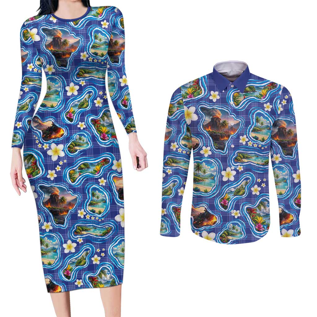 Hawaiian Island Shapes-Iconic Landscape Couples Matching Long Sleeve Bodycon Dress and Long Sleeve Button Shirt with Plumeria and Palaka Blue Color