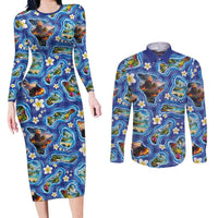 Hawaiian Island Shapes-Iconic Landscape Couples Matching Long Sleeve Bodycon Dress and Long Sleeve Button Shirt with Plumeria and Palaka Blue Color LT03 Blue - Polynesian Pride