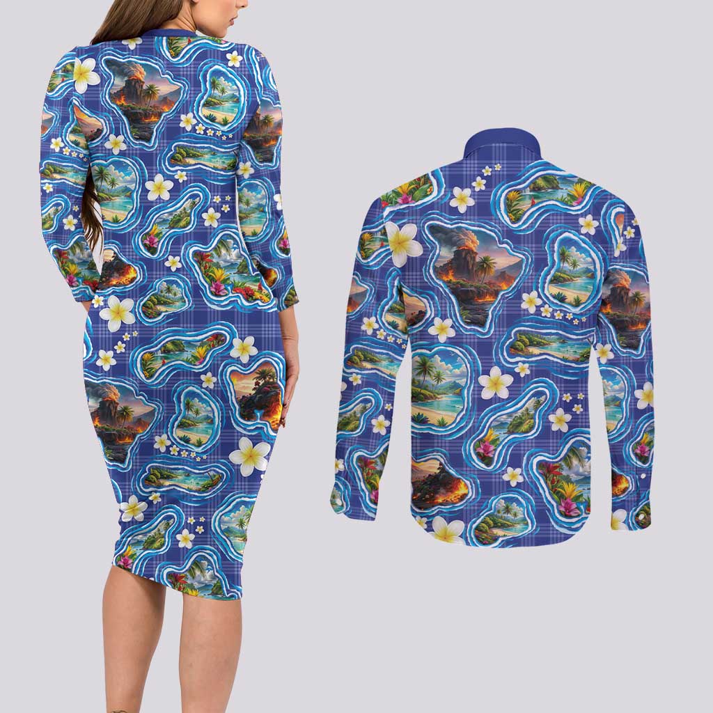 Hawaiian Island Shapes-Iconic Landscape Couples Matching Long Sleeve Bodycon Dress and Long Sleeve Button Shirt with Plumeria and Palaka Blue Color LT03 - Polynesian Pride