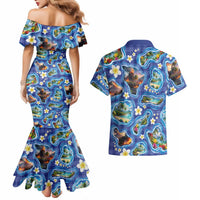 Hawaiian Island Shapes-Iconic Landscape Couples Matching Mermaid Dress and Hawaiian Shirt with Plumeria and Palaka Blue Color LT03 - Polynesian Pride