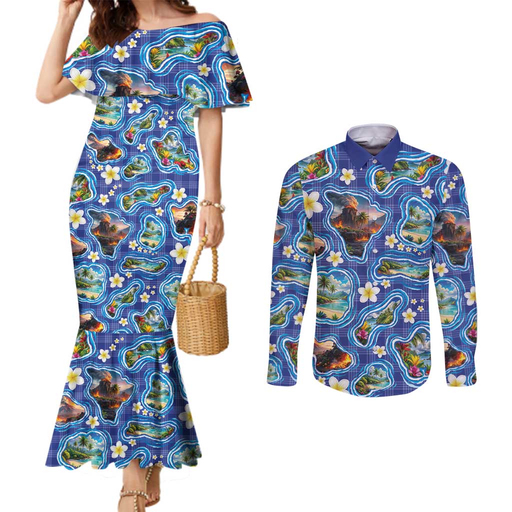 Hawaiian Island Shapes-Iconic Landscape Couples Matching Mermaid Dress and Long Sleeve Button Shirt with Plumeria and Palaka Blue Color LT03 Blue - Polynesian Pride