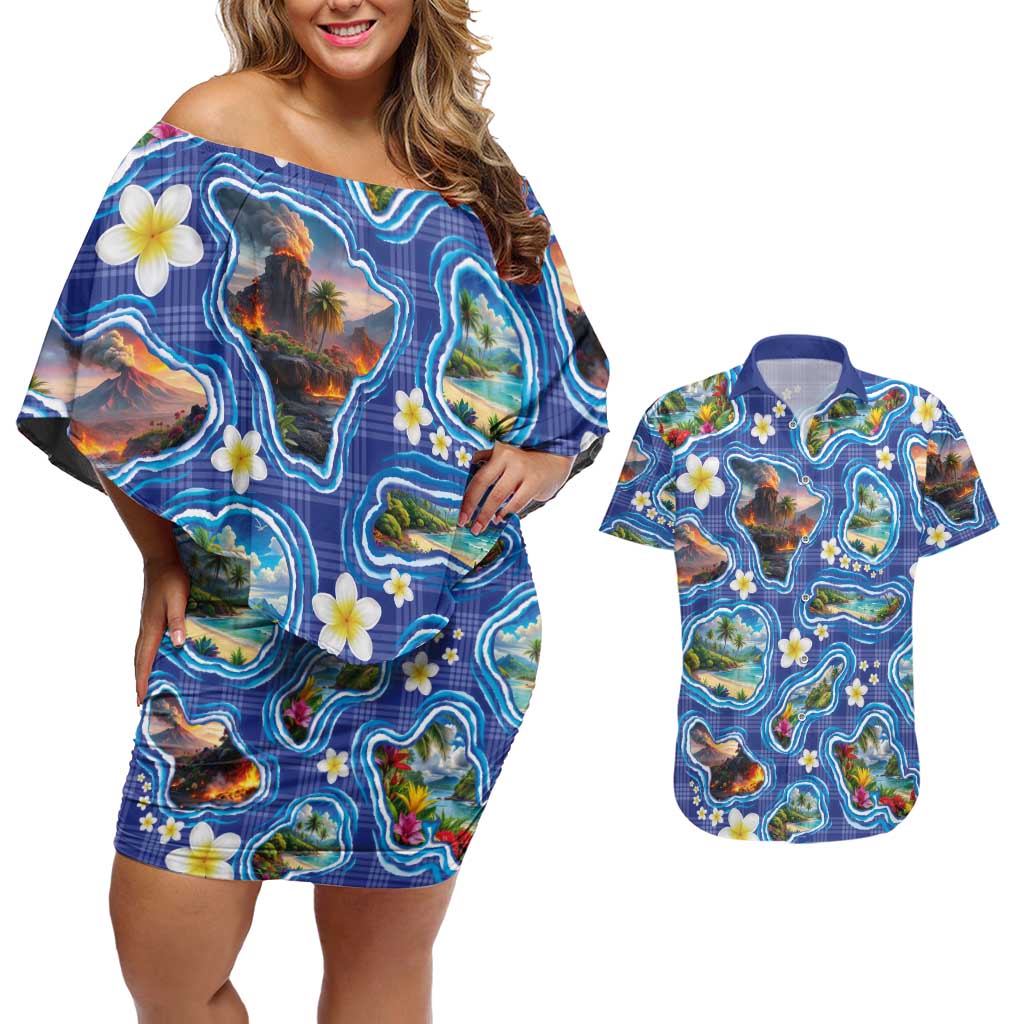 Hawaiian Island Shapes-Iconic Landscape Couples Matching Off Shoulder Short Dress and Hawaiian Shirt with Plumeria and Palaka Blue Color LT03 Blue - Polynesian Pride